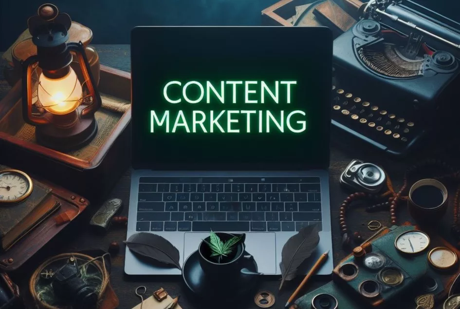 Ноутбук с надписью Content marketing на рабочем столе