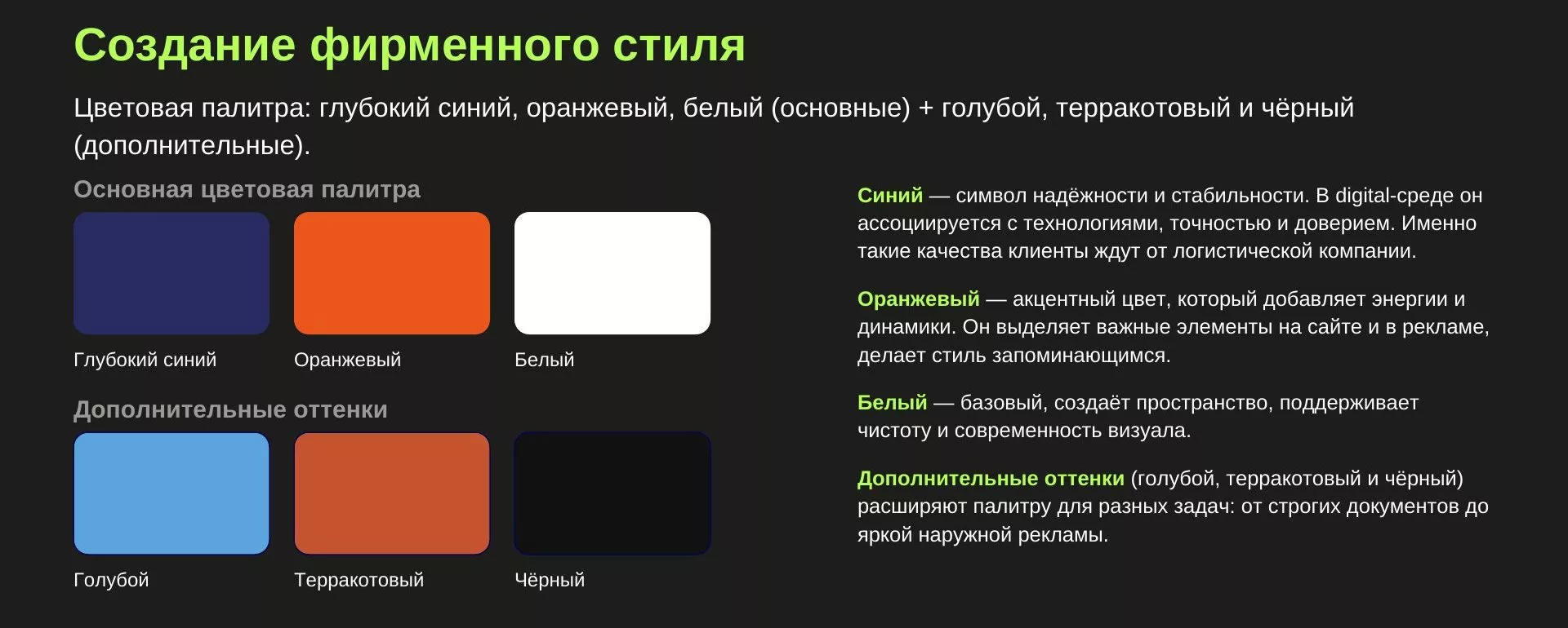 Цветовая палитра «Глобал Логистик»: глубокий синий, оранжевый, белый, голубой, терракотовый и чёрный