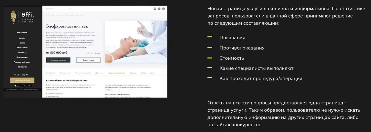 Макет страницы услуги «Блефаропластика век» на сайте effi и пять пунктов, по которым пациенты принимают решение