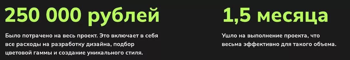 Итоги проекта: 250 000 рублей на весь проект и 1,5 месяца на выполнение