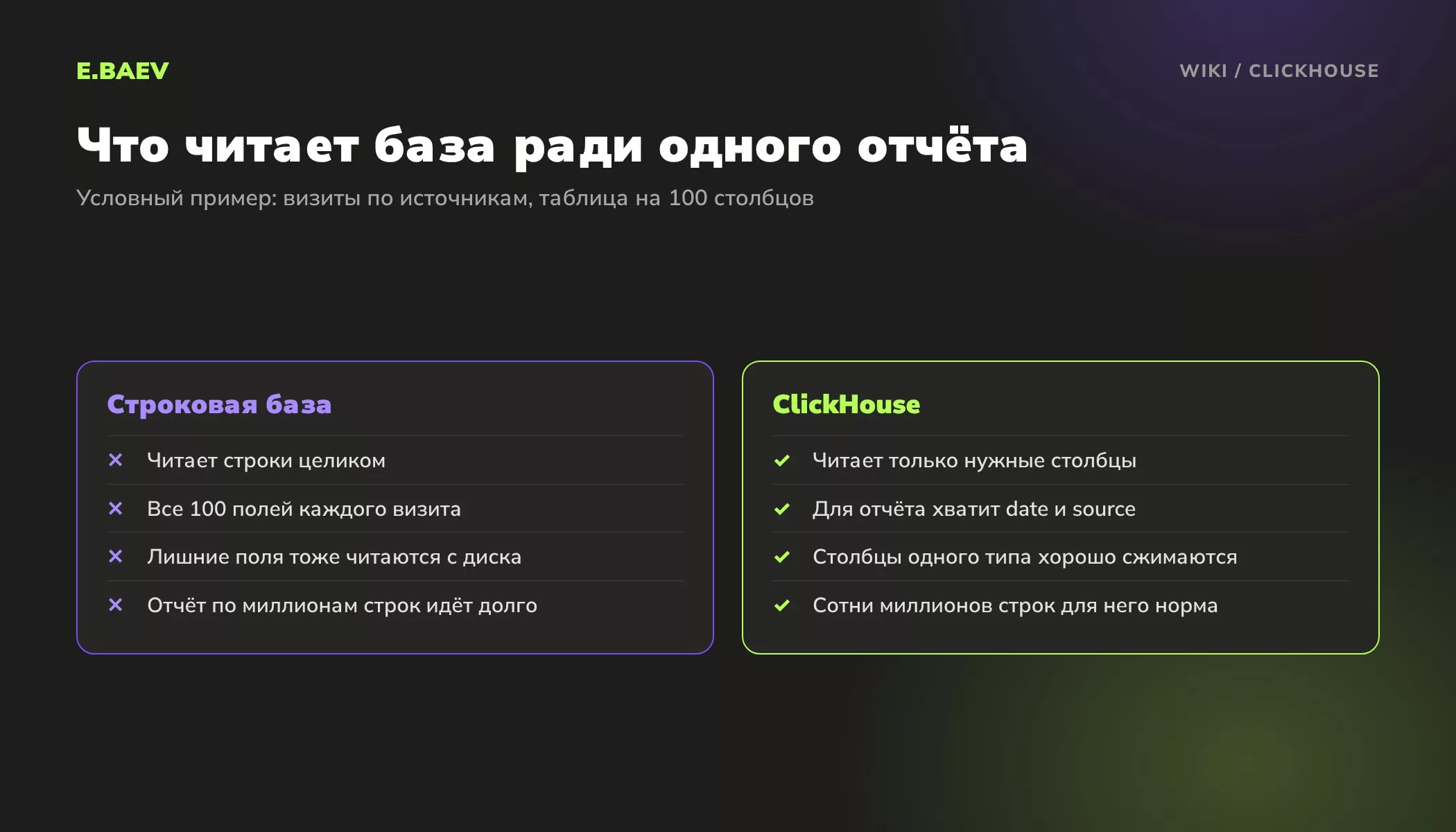 Сравнение строковой базы и колоночной ClickHouse: какие данные читаются с диска при отчёте о визитах по источникам трафика