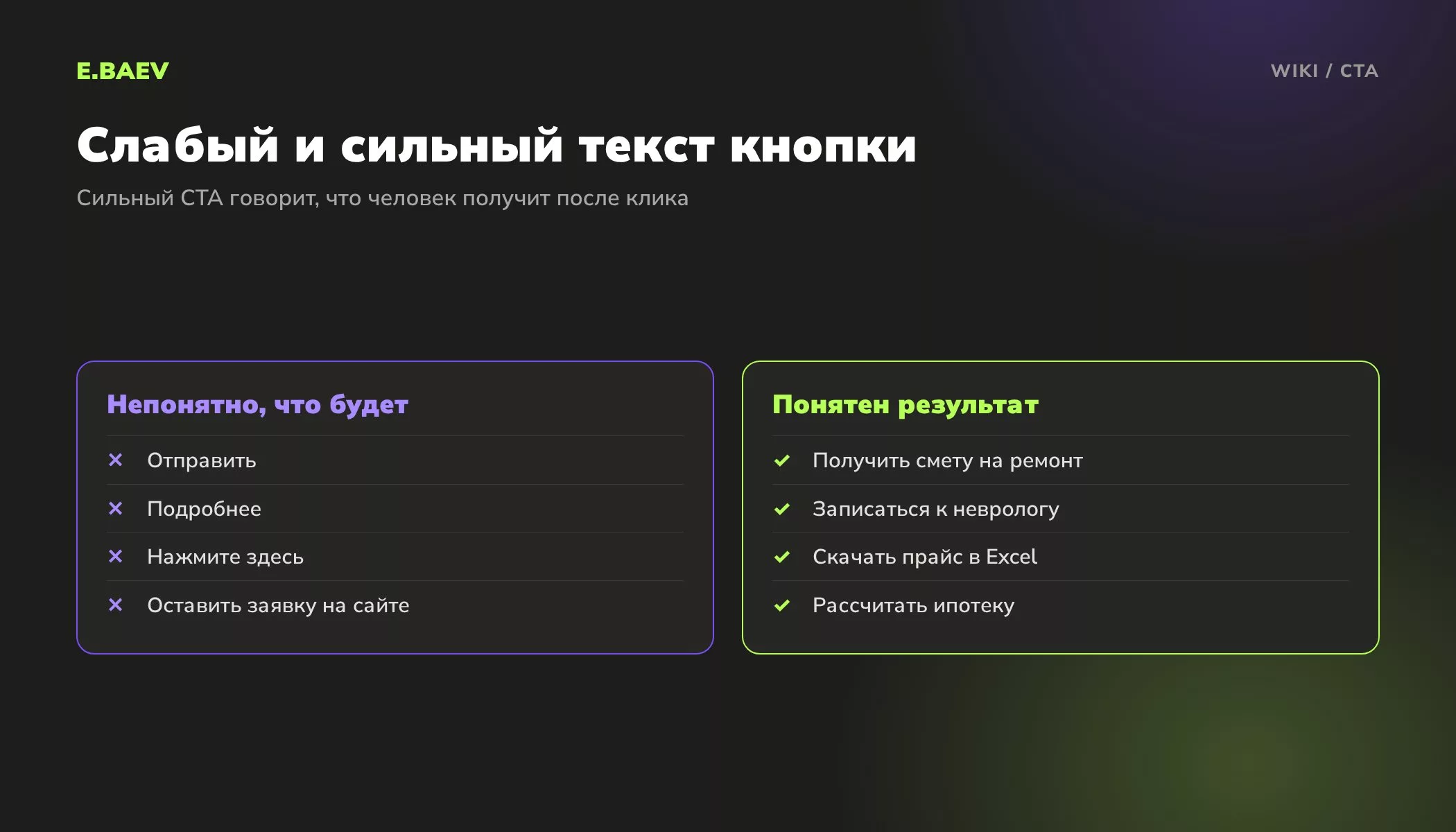 Сравнение слабых и сильных текстов кнопки CTA: Отправить и Подробнее против Получить смету и Записаться к неврологу