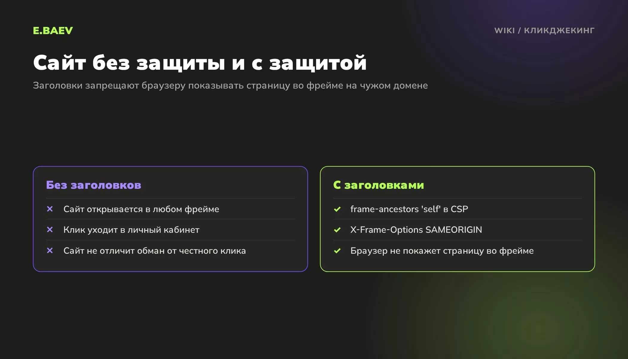 Сравнение сайта без защиты от кликджекинга и с заголовками Content-Security-Policy frame-ancestors и X-Frame-Options
