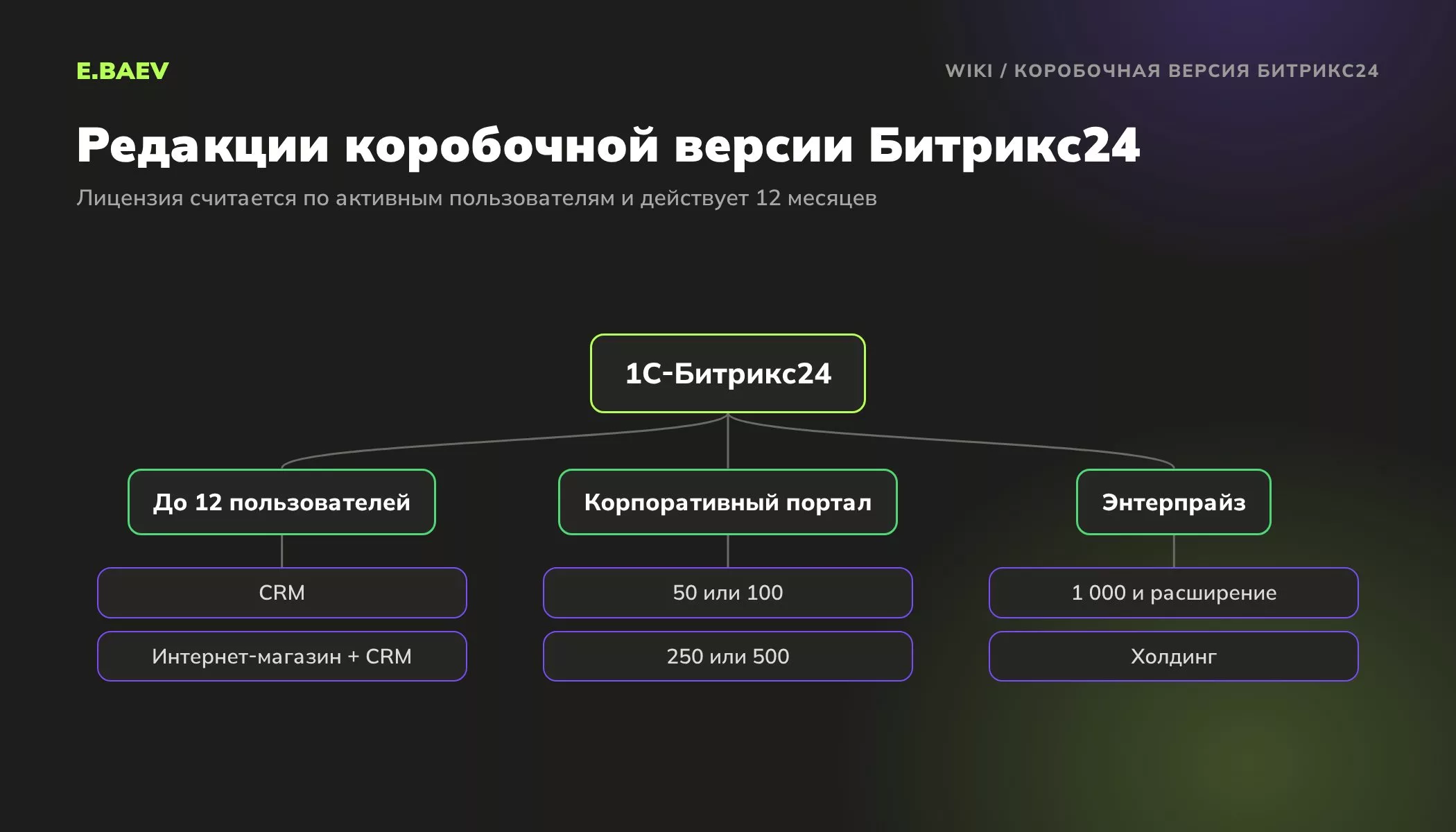 Схема редакций коробочной версии Битрикс24: CRM, Интернет-магазин + CRM, Корпоративный портал, Энтерпрайз и Энтерпрайз Холдинг