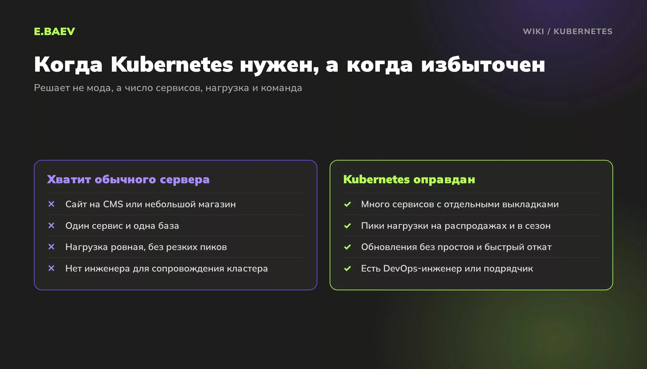 Сравнение: когда сайту хватит обычного сервера и когда проекту оправдан Kubernetes с несколькими сервисами и пиками нагрузки