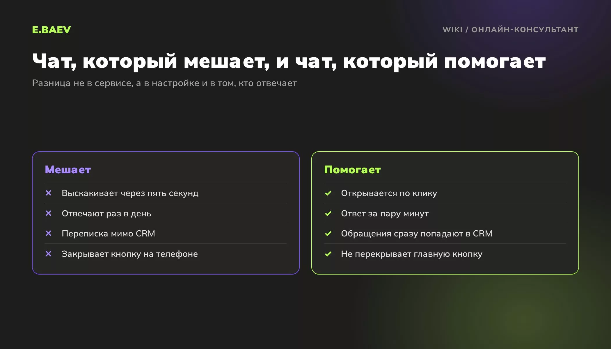 Сравнение навязчивого онлайн-чата и полезного онлайн-консультанта: появление окна, скорость ответа, связь с CRM и мобильная версия