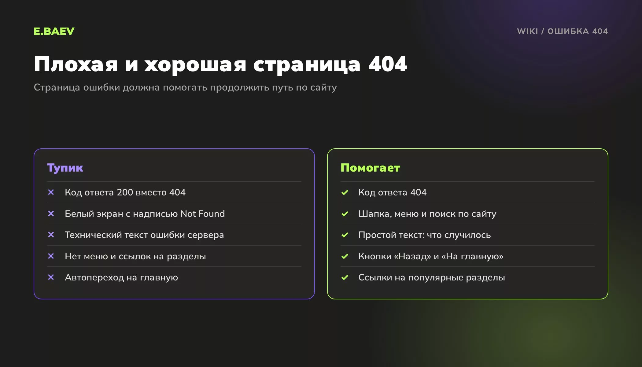 Сравнение плохой и хорошей страницы 404: код ответа, дизайн сайта, понятный текст, кнопки возврата и ссылки на разделы
