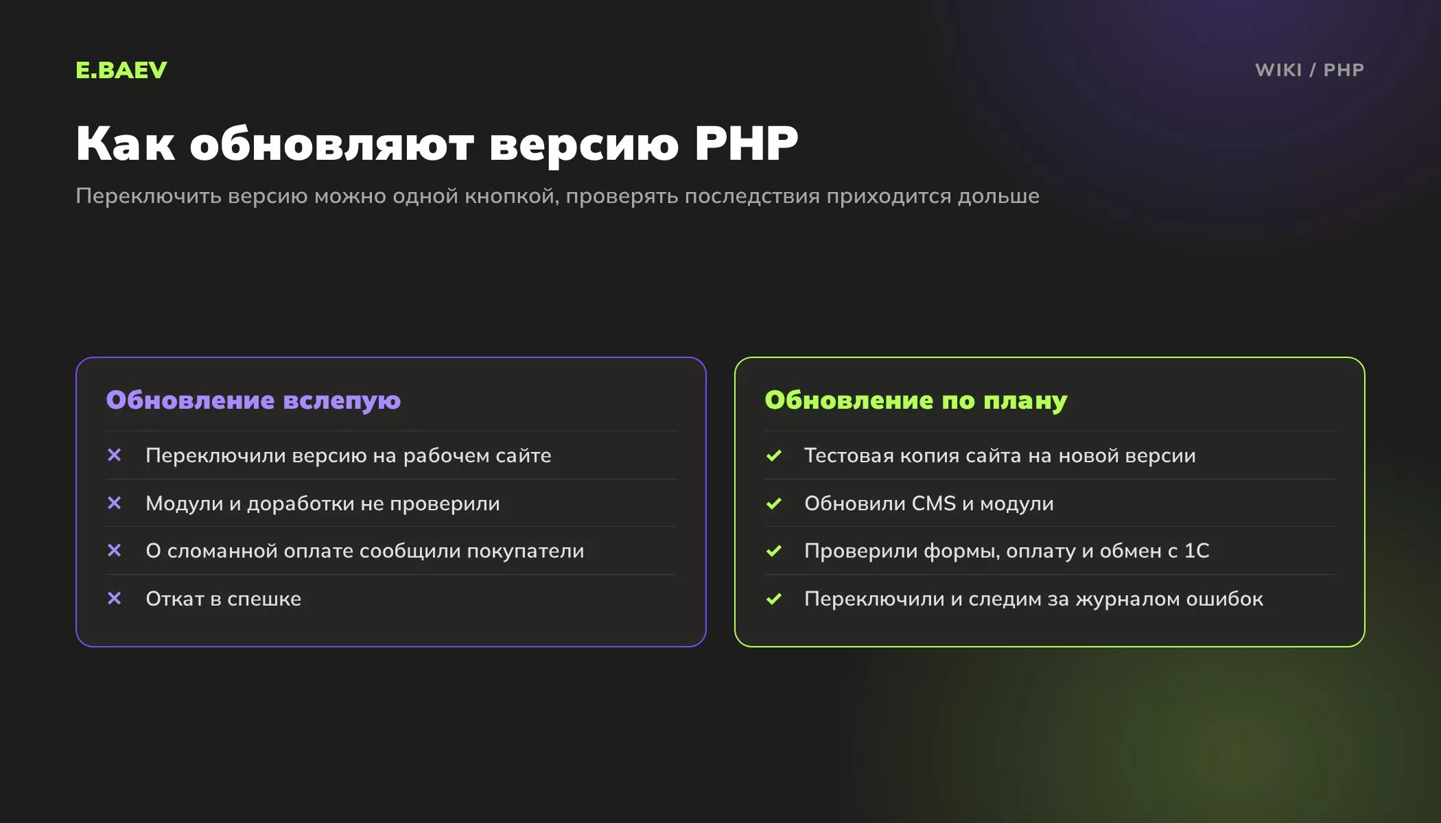 Сравнение обновления PHP вслепую на рабочем сайте и по плану через тестовую копию с проверкой модулей и оплаты