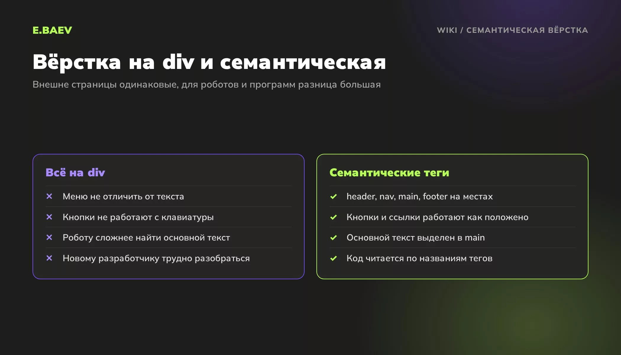 Сравнение вёрстки на div и семантической вёрстки HTML5: доступность, понимание структуры роботами и удобство поддержки кода