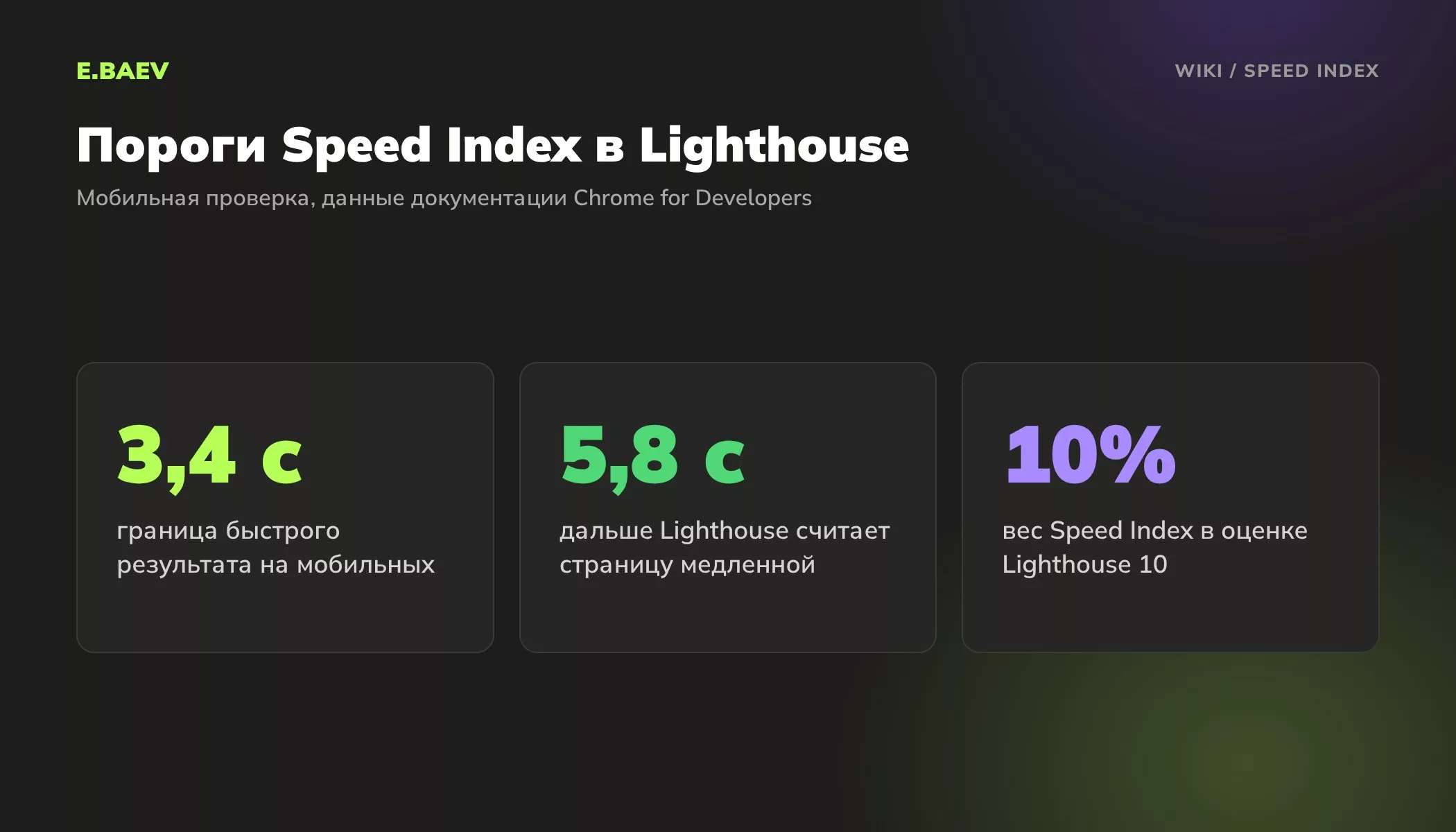Пороги Speed Index в Lighthouse для мобильных: до 3,4 секунды быстро, больше 5,8 секунды медленно, вес показателя в оценке 10 процентов