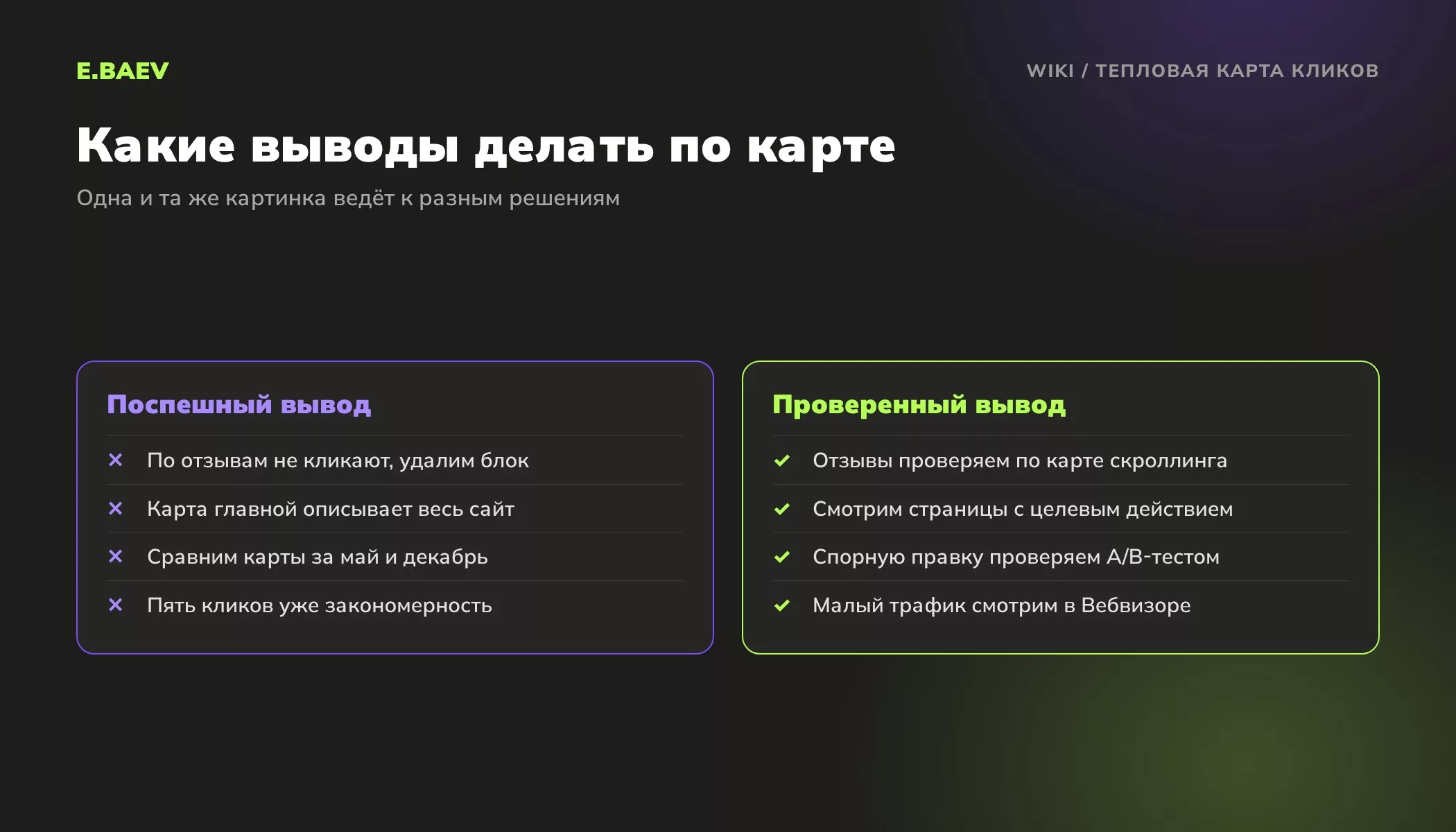 Сравнение поспешных и проверенных выводов по тепловой карте кликов: карта скроллинга, страницы с целевым действием, A/B-тест и Вебвизор