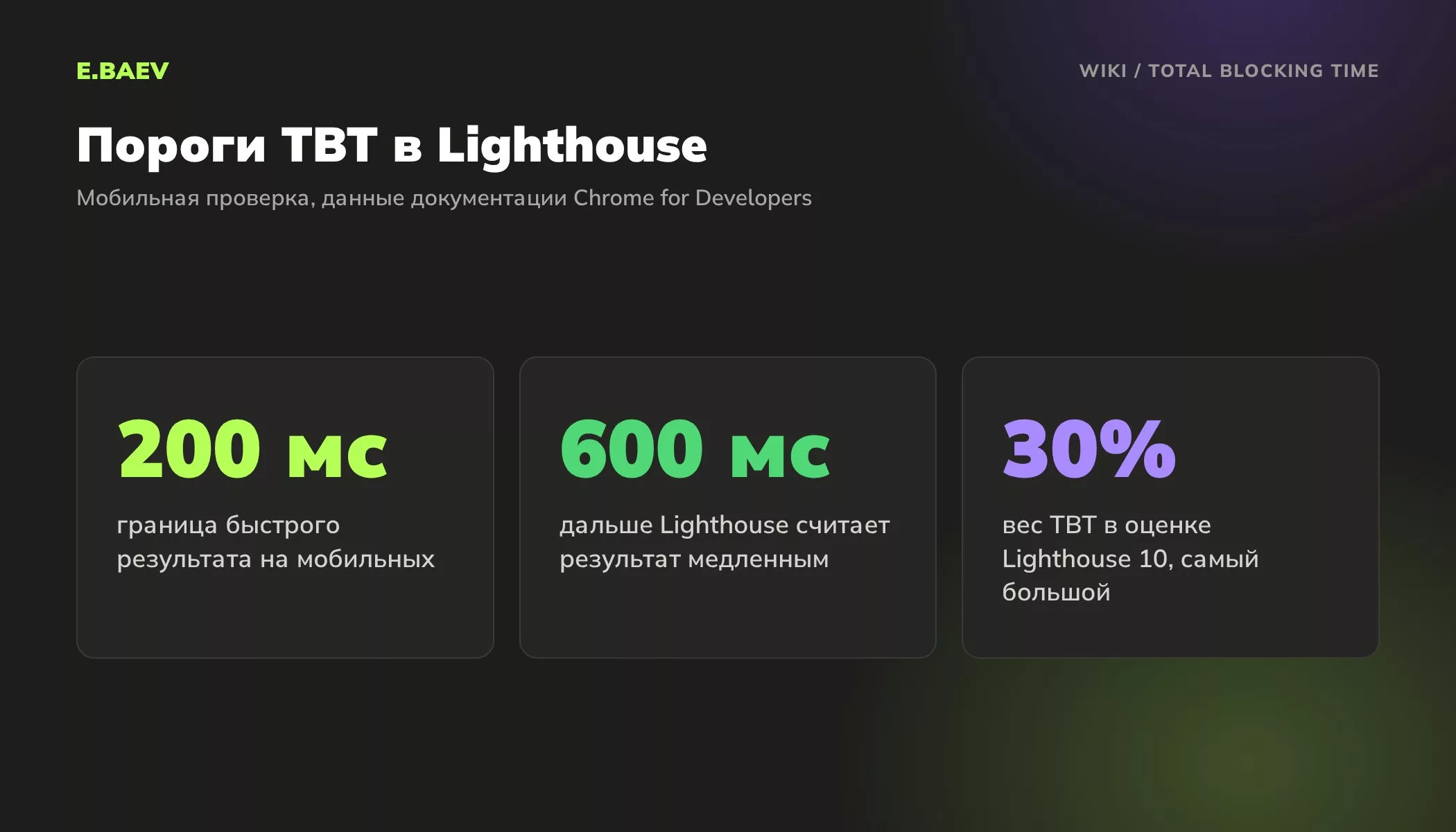 Пороги Total Blocking Time в Lighthouse для мобильных: до 200 мс быстро, больше 600 мс медленно, вес показателя 30 процентов