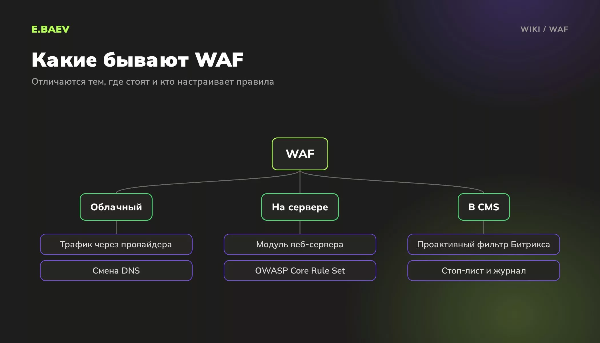 Схема видов WAF: облачный через сеть провайдера, на сервере как модуль веб-сервера, встроенный в CMS как Проактивный фильтр 1С-Битрикс
