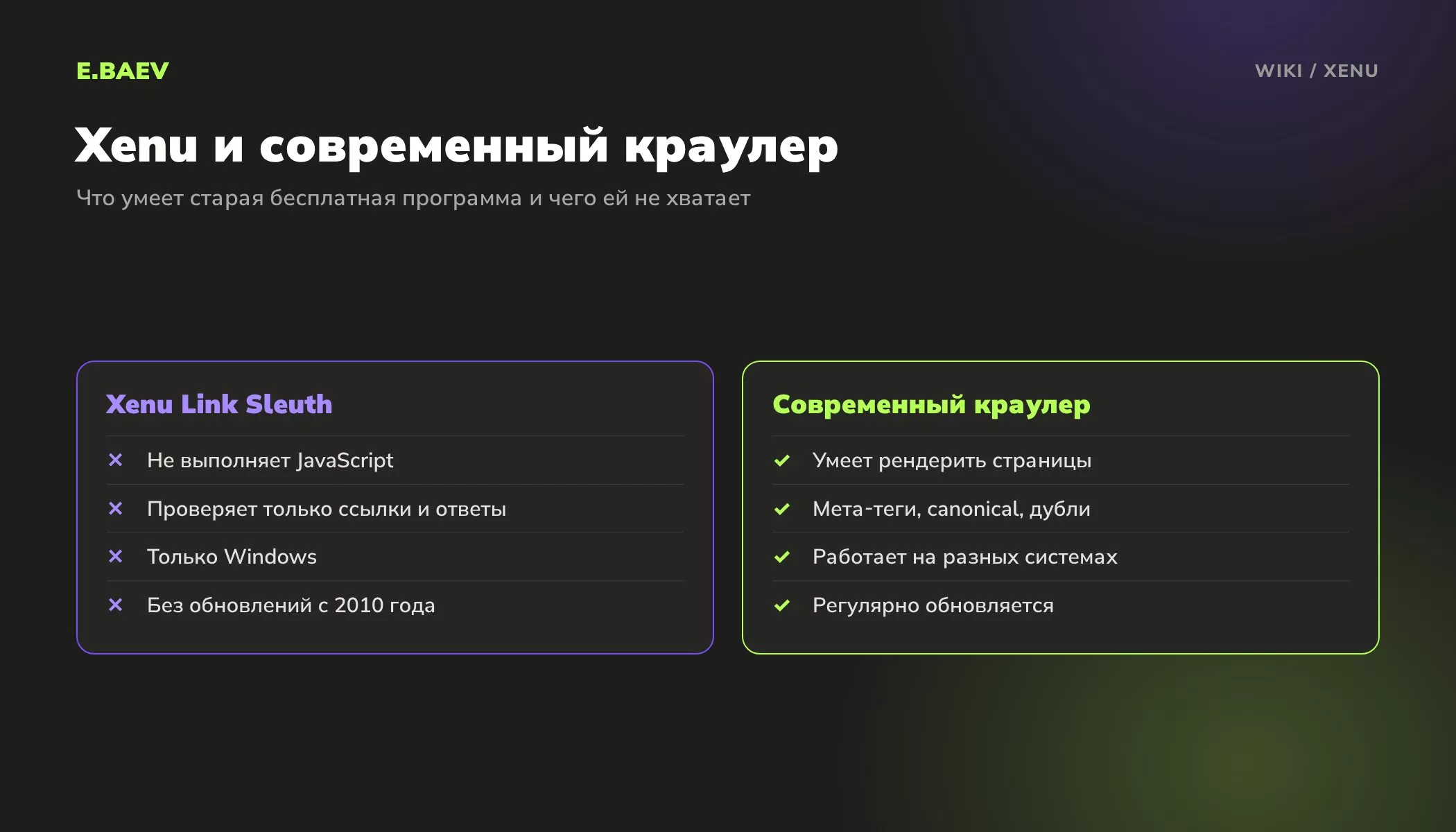 Сравнение Xenu Link Sleuth и современного SEO-краулера: JavaScript, глубина SEO-проверок, поддержка систем и обновления