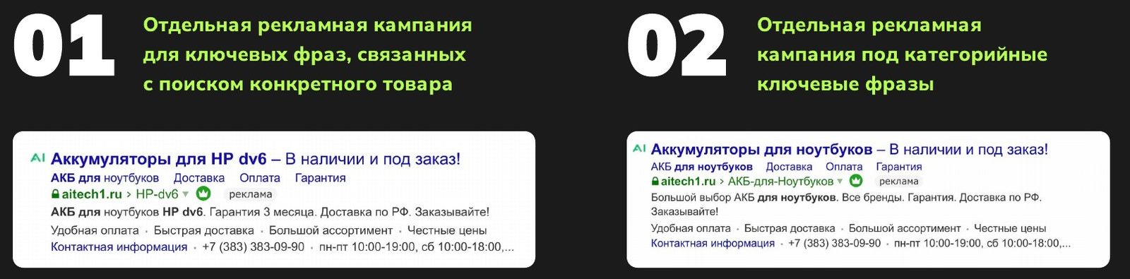 Объявления Aitech: кампания под поиск конкретного товара и кампания под категорийные фразы