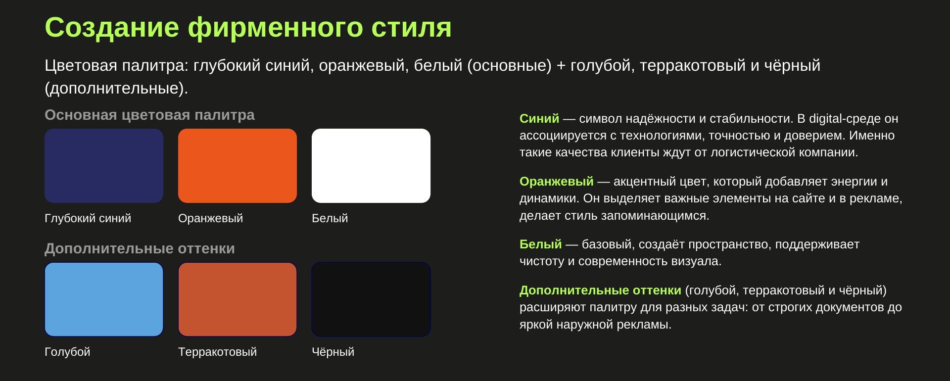 Цветовая палитра «Глобал Логистик»: глубокий синий, оранжевый, белый, голубой, терракотовый и чёрный