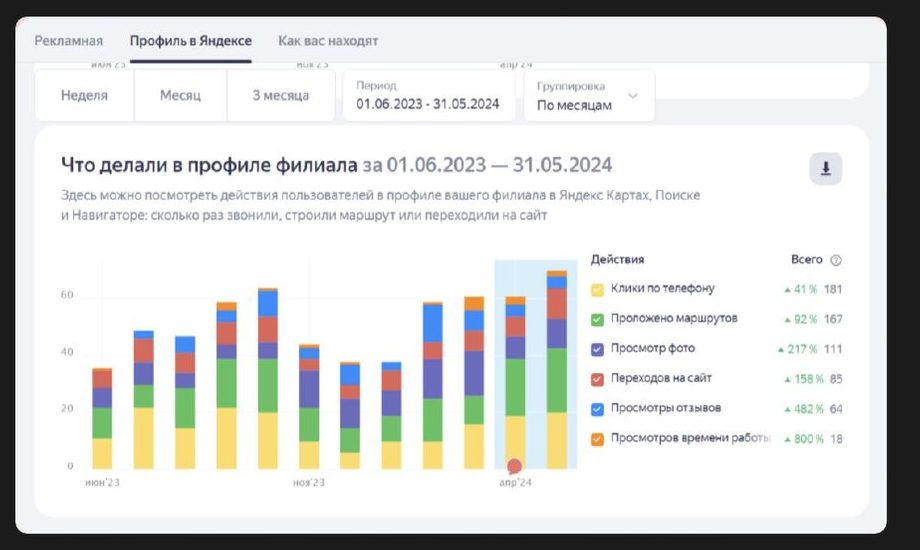 Действия в профиле филиала в Яндексе за 01.06.2023–31.05.2024: 181 клик по телефону, 167 маршрутов, 85 переходов на сайт