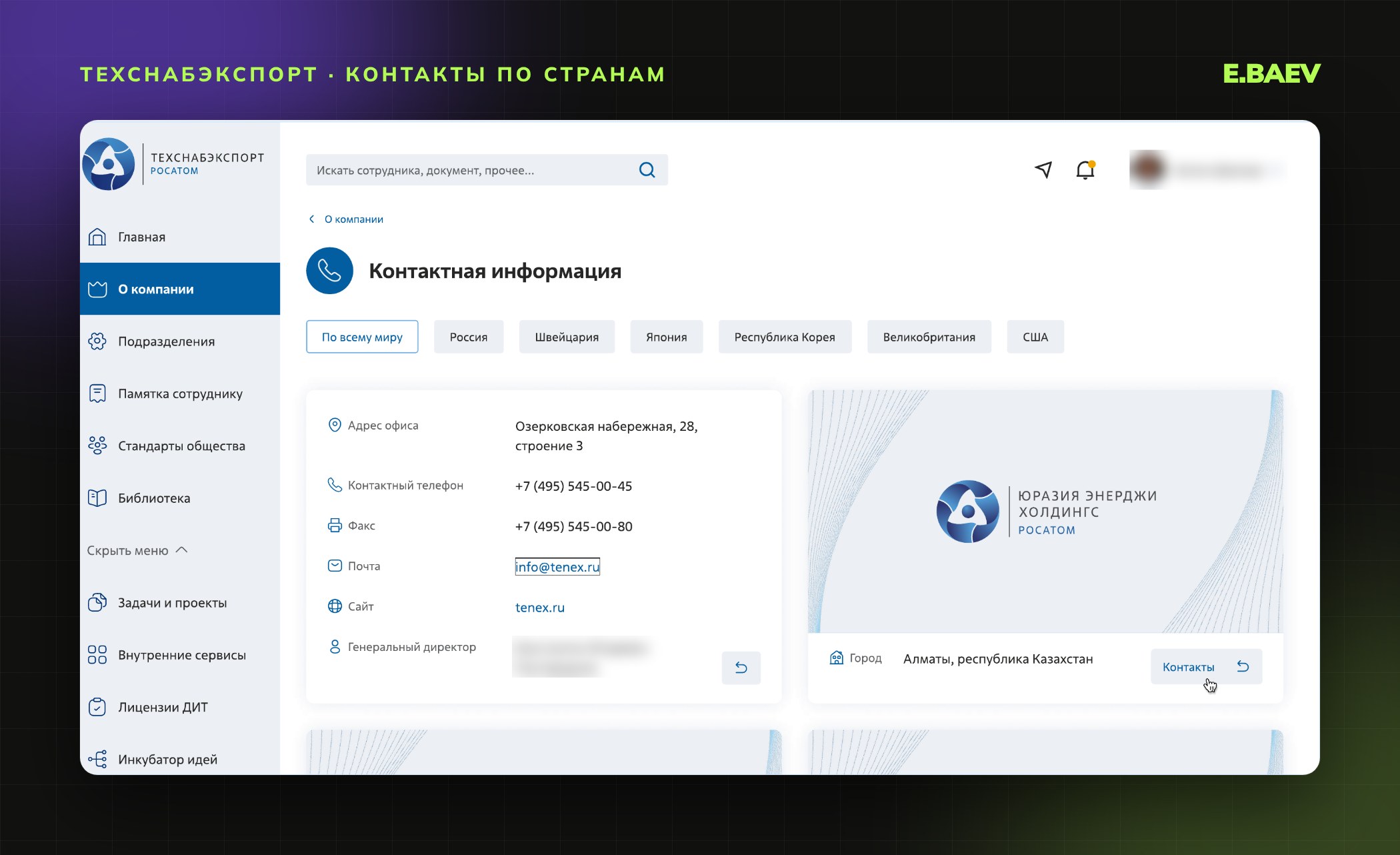 Страница контактной информации: офисы организаций дивизиона по странам с адресами и телефонами