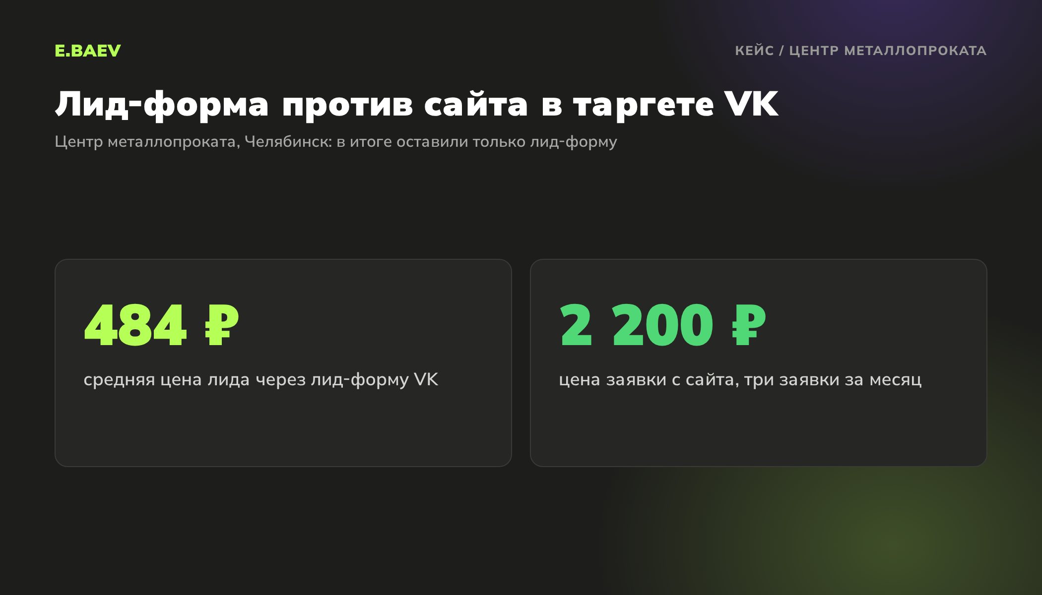 Кейс центра металлопроката: лид через форму VK стоил в среднем 484 рубля, заявка с сайта 2200 рублей