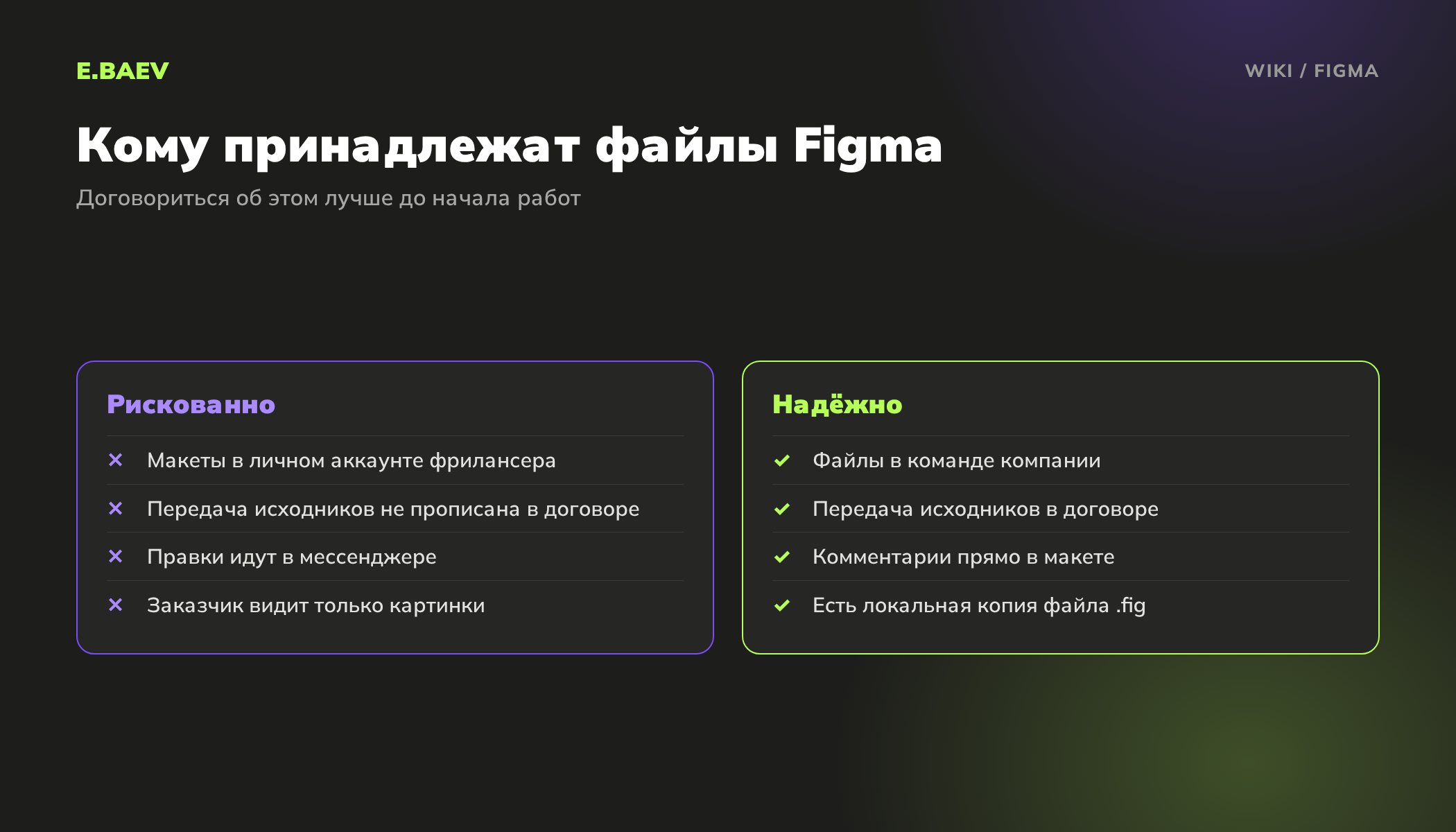Сравнение рискованного и надёжного подхода к хранению макетов Figma: личный аккаунт подрядчика против команды компании и копии файла