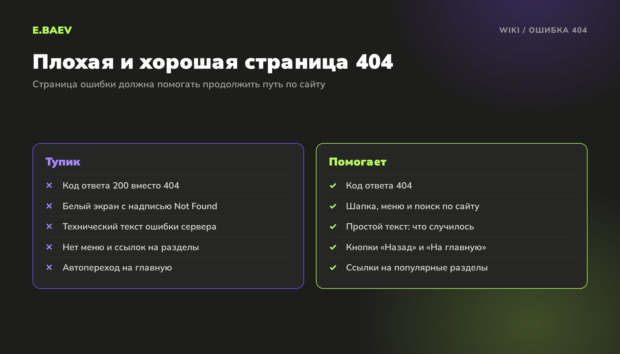 Сравнение плохой и хорошей страницы 404: код ответа, дизайн сайта, понятный текст, кнопки возврата и ссылки на разделы