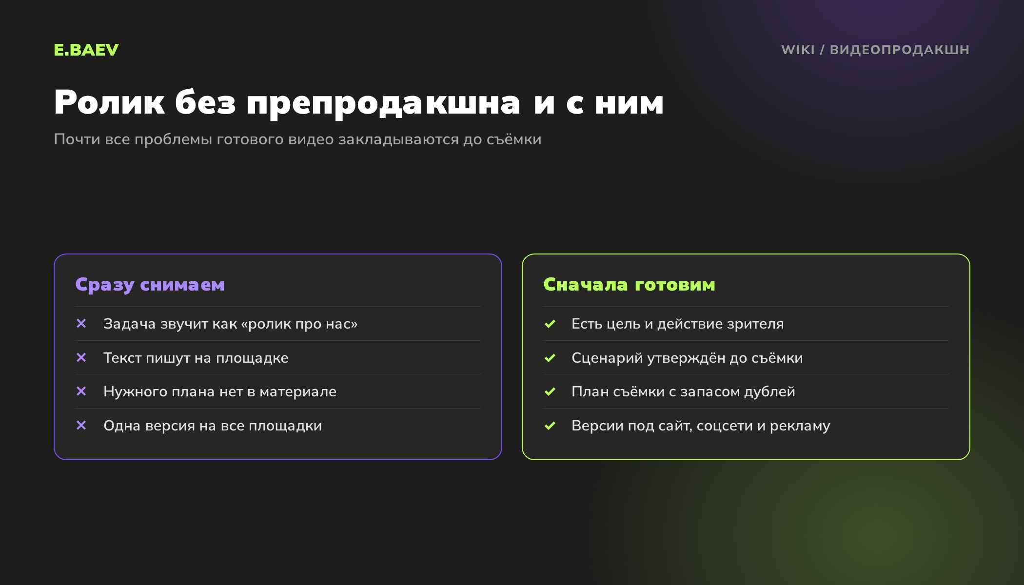 Сравнение видеопродакшна без подготовки и с препродакшном: сценарий, план съёмки и версии под площадки